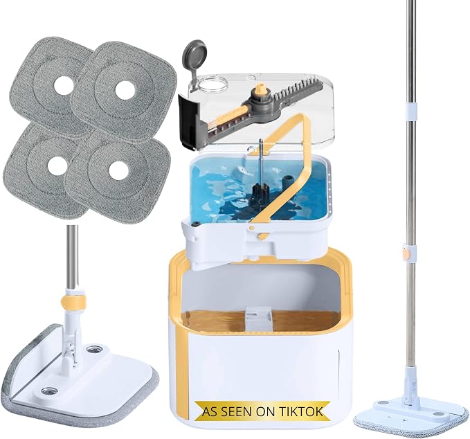 True & Tidy Square Spin Mop with Detachable Bucket, 4 Machine Washable Pads