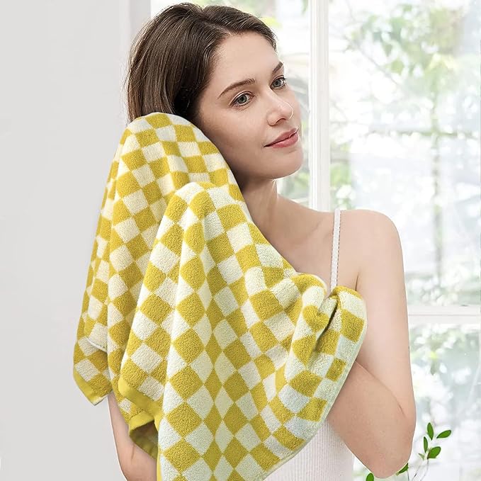 Jacquotha Luxury Bath Towels - Pack of 2, Mustard Yellow Checkered | Cotton Fall Bathroom Towels Sets for Body Drying 55x27.5 Inches