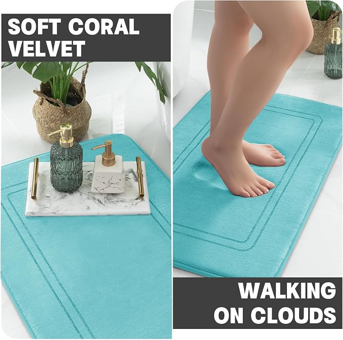 YIHOUSE Memory Foam Bath Mat Set, Bathroom Rugs Sets 3 Pieces, Non Slip Bath Mats for Bathroom, Super Soft and Water Absorbent Bath Rug Sets, Machine Washable U Shape Toilet Mats Set,Teal