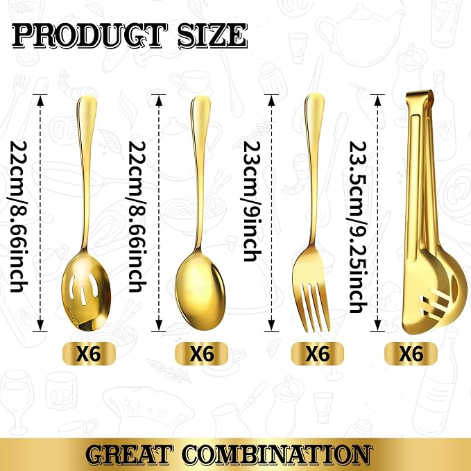 Serving Utensils Set, 24-Piece Large Stainless Steel Serving Spoons and Forks for BBQ, Buffets, Catering, Parties, Weddings, Restaurants - Gold