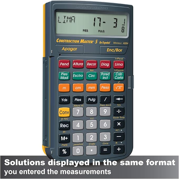 Calculated Industries 4054 Construction Master 5 Calculator | en Español, Feet-Inch-Fraction, For Carpenters, Construction Calculator with all Spanish labeling
