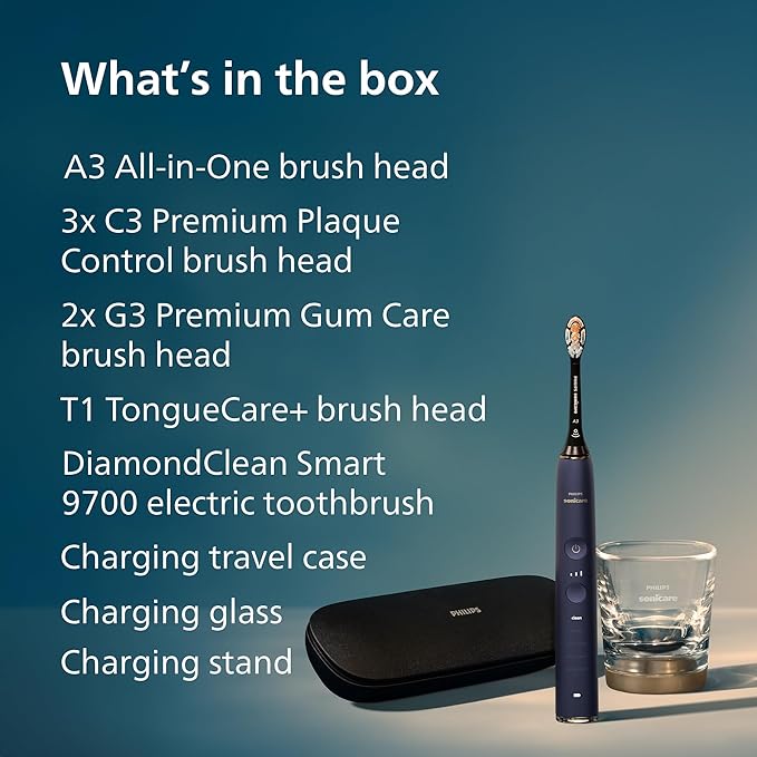 Philips Sonicare DiamondClean Smart 9700 Electric Toothbrush - Sonic Toothbrush with App, Pressure Sensor, 15 Brushing Settings, Replacement Reminder, Charging Travel Case, Lunar Blue, HX9957/71