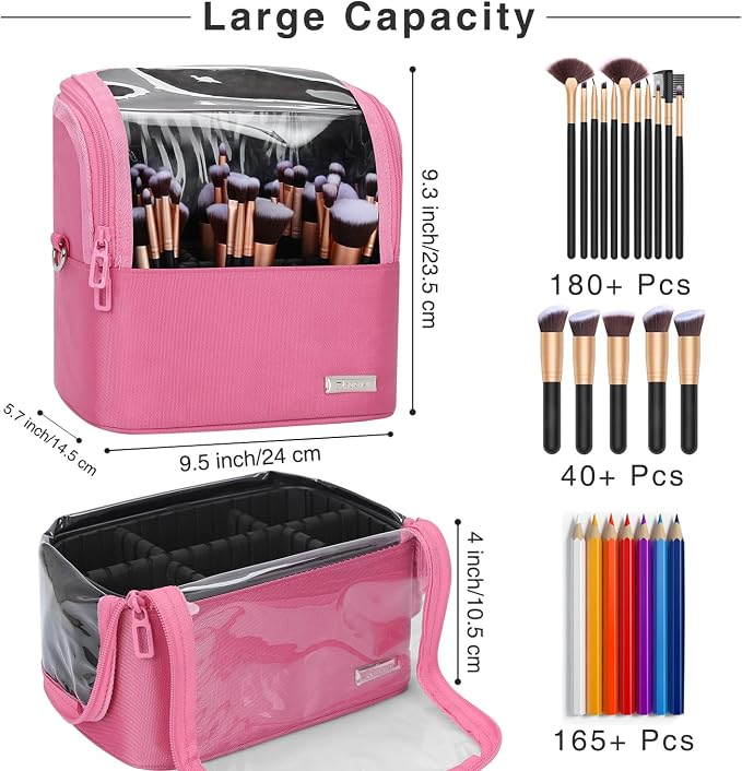 TANTO Makeup Brush Case Stand-up Makeup Cup Makeup Brush Holder Travel Professional Cosmetic Bag Artist Storage Bag Large Makeup Bag with Adjustable Divide (Rose Pink, 1-Large)