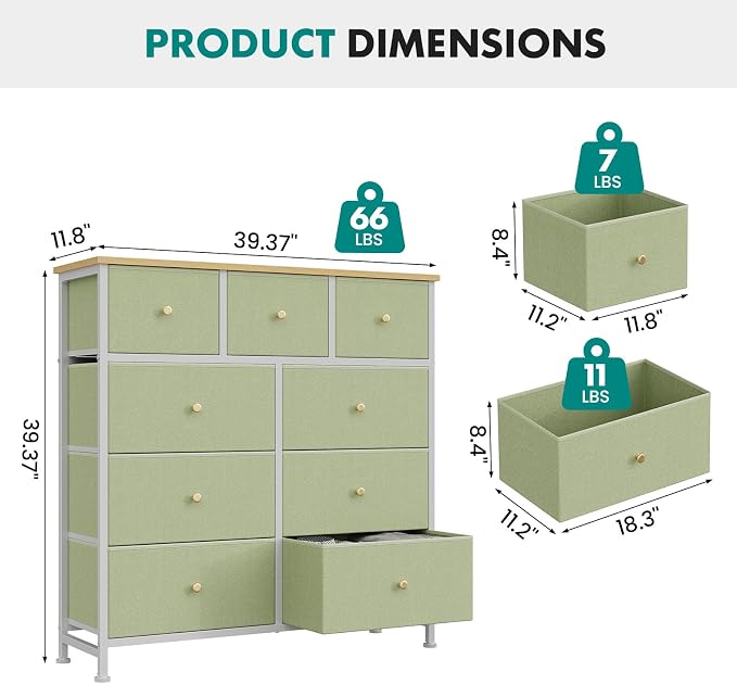 OLIXIS 9 Drawer Storage Dresser with Wood Top - Wide Fabric Chest Organizer for Bedroom, Closet, Living Room,Tower Cabinet, TV Stand, Hallway Entryway Furniture, Light Green