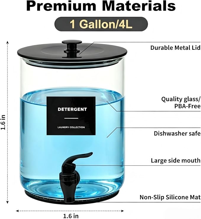 Glass Laundry Detergent Dispenser,1 Gallon Large Liquid Soap,2 Pack(Black) | Complete borosilicate jars set with leakproof spigots, protective silicone mats, minimalist labels, and dosing cups.