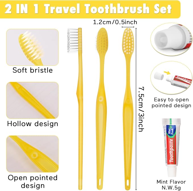 HOFASON Disposable Toothbrushes with Toothpaste Pack of 100, Yellow Hollow Travel Toothbrush Set with 5g Bulk Toothpaste Individually Wrapped for Homeless, Nursing Home, Shelter, Hotel