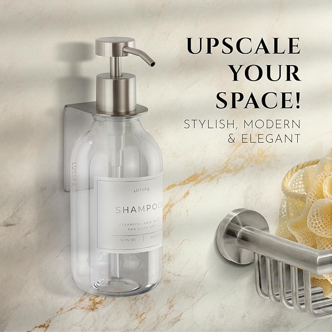Shower Shampoo Dispenser Wall Mounted – Refillable 16.9 oz Clear Bottle with Stainless Steel Pump & No-Drill Adhesive Holder – Soap Dispenser for Bathroom (1 X Clear/Silver)