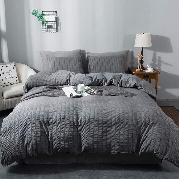AveLom Gray Duvet Cover Queen Size, Textured Seersucker Duvet Cover Set, Soft Washed Microfiber with Zipper Closure and Corner Ties, 3 Pieces, 90" x 90" Duvet Cover & 2 Pillowcases