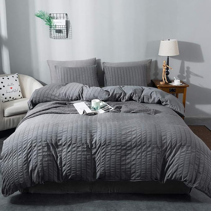 AveLom Seersucker Duvet Cover Set Full Size (80 x 90 inches), 3 Pieces (1 Duvet Cover + 2 Pillow Cases), Dark Gray Ultra Soft Washed Microfiber, Textured Duvet Cover with Zipper Closure, Corner Ties