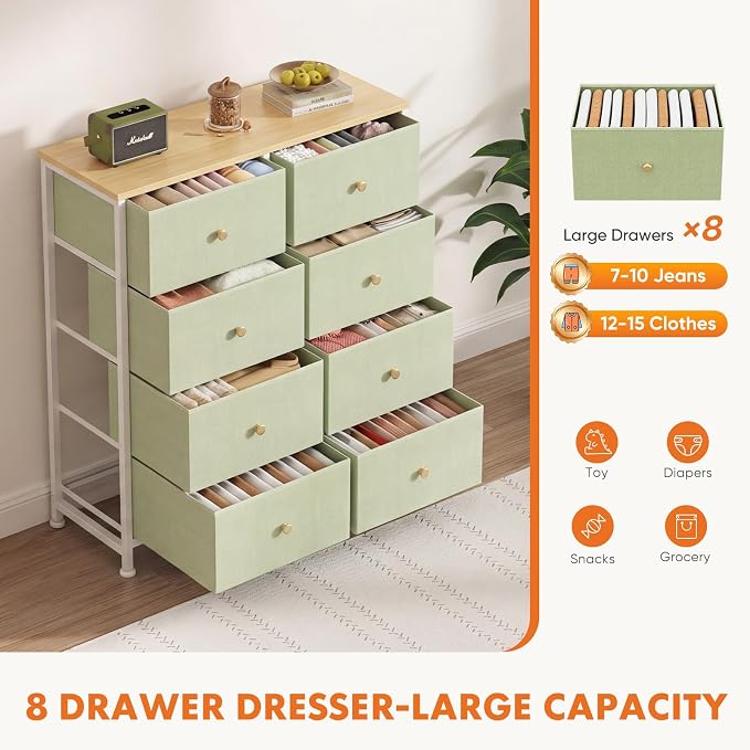 Sweetcrispy 8 Drawer Dresser for Bedroom Tall, Organizer Storage Drawers | Fabric Storage Tower, Chest of Drawers with Steel Frame, Wood Top for Living Room, Closet, Light Green