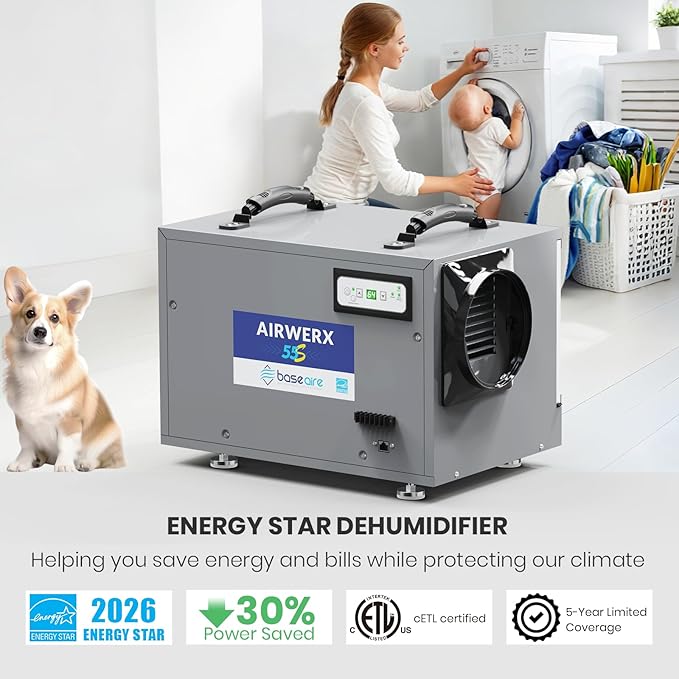 BaseAire 120 Pints Crawl Space Dehumidifier with Drain Hose, Energy Star Dehumidifier for Commercial, Home and Basement, Compact, Auto Defrost, Intelligent Control, Auto Restart, Up to 1300 Sq Ft