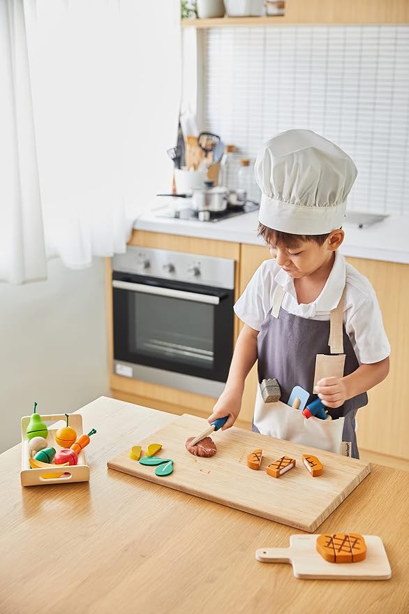 PlanToys® Chef Play Set Wooden Pretend Cooking with Knife, Spatula & Pan | chef toys, play kitchen accessories, kids kitchen playset, girls, boys, fine motor role, imaginative social creative gift
