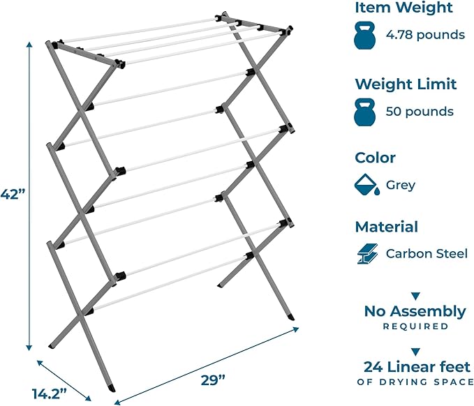 Honey-Can-Do 6-Tier Collapsible Steel Clothes Drying Rack, 24 ft, White | 6-tier steel rack with 24 ft of drying space folds flat to 3 in. Coated bars are gentle on delicates; 50 lb capacity.