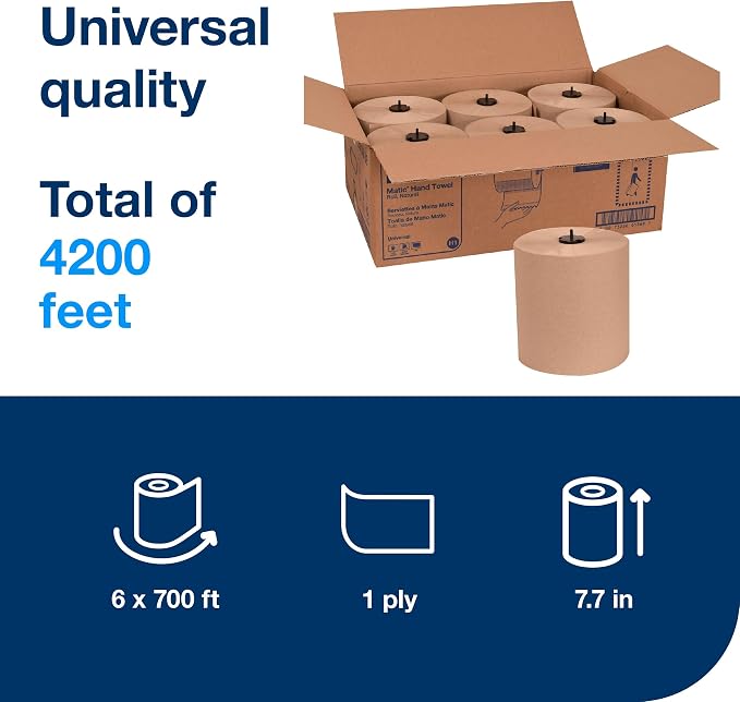 Tork Matic Paper Hand Towel Roll Natural H1, Universal, 100% Recycled Fiber, 6 Rolls x 700 ft, 290088 | 1-Ply, 4200 Sheets, 7.7 in Width, Continuous Format, Universal Quality, ECOLOGO Certified, Green Seal Certified