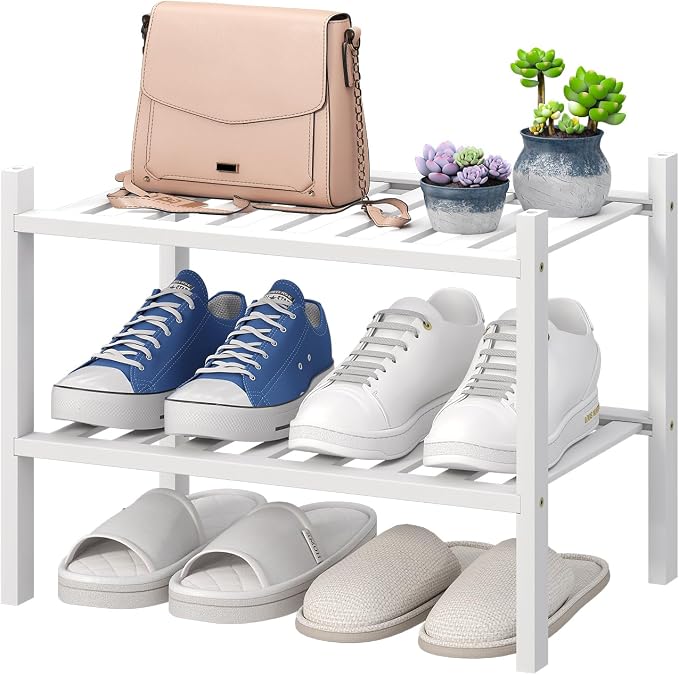 viewcare White Small Shoe Rack for Entryway,2-Tier Bamboo Shoe Organizer for Hallway Closet, Free Standing Shoe Racks for Indoor Outdoor