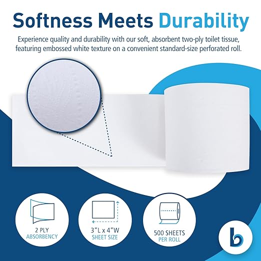 Boardwalk 2-Ply Bathroom Toilet Paper Tissue, Septic Safe, 500 Sheets/Roll, Bulk Quantity 96 Rolls/Carton, 4" x 3", White