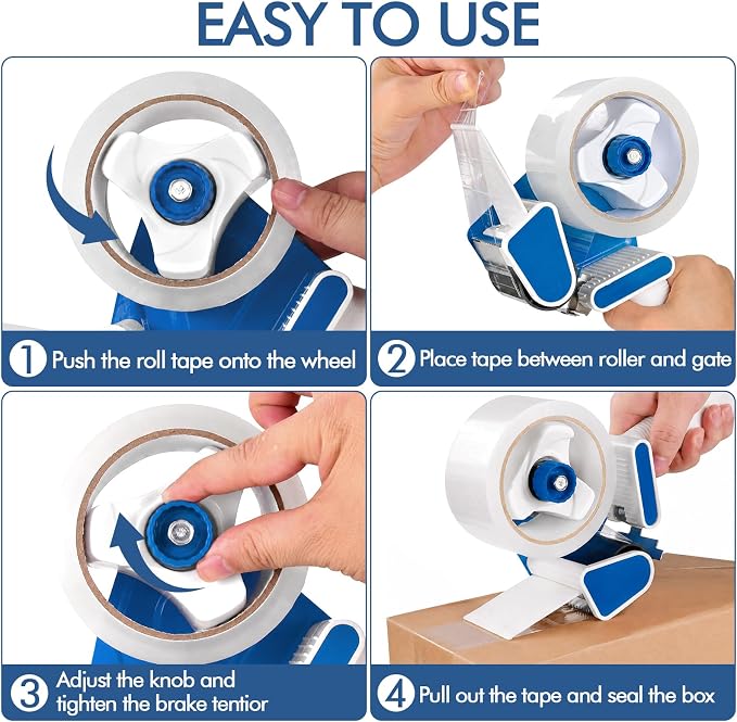 2 Pack Heavy Duty Packing Tape Dispenser Gun with 12 Pack Clear Packaging Tapes, 2 Inch Packaging Tape with Dispenser for Carton Sealing, Moving Boxes, Shipping (Blue)