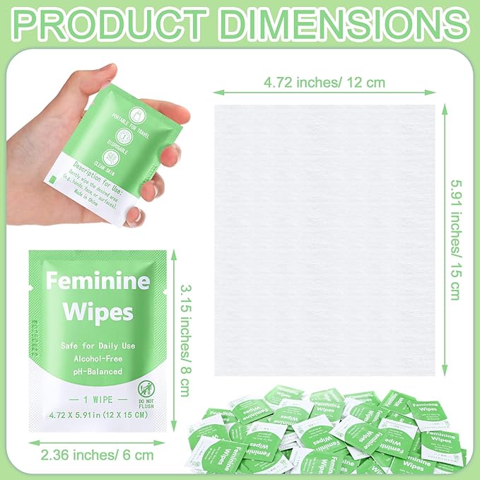 300 Pieces Bulk Feminine Wipes Individually Wrapped Travel Size Women Unscented Intimate Period Cleansing Wipes Deodorant Feminine Products Care Kits Private Parts Ph Balanced(Green)