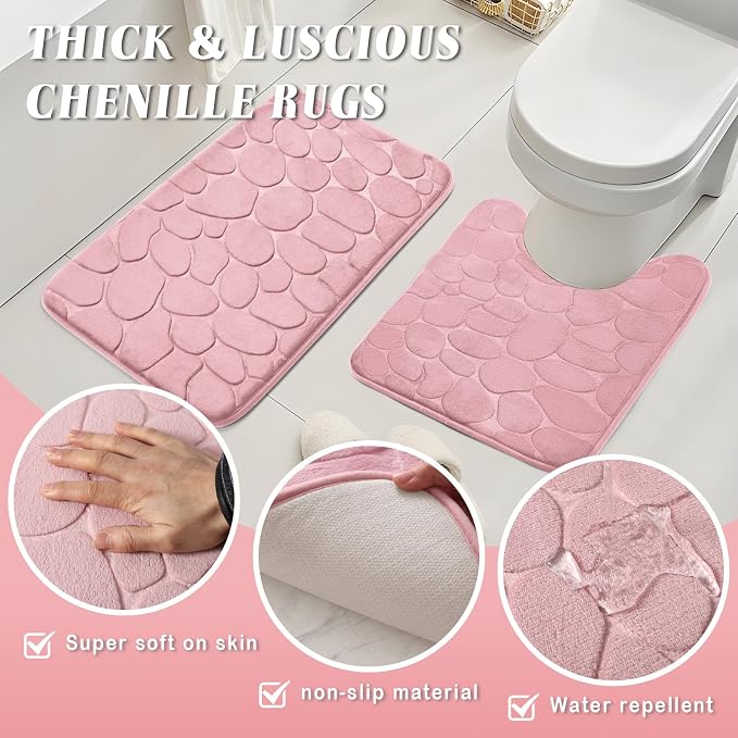 XLHOMO Bathroom Set with Shower Curtain and Rugs- 25PC Bathroom Accessory Set, Pink Bathroom Set, Toilet Brush, Trash Can, Qtip Holder & Soap Dispenser