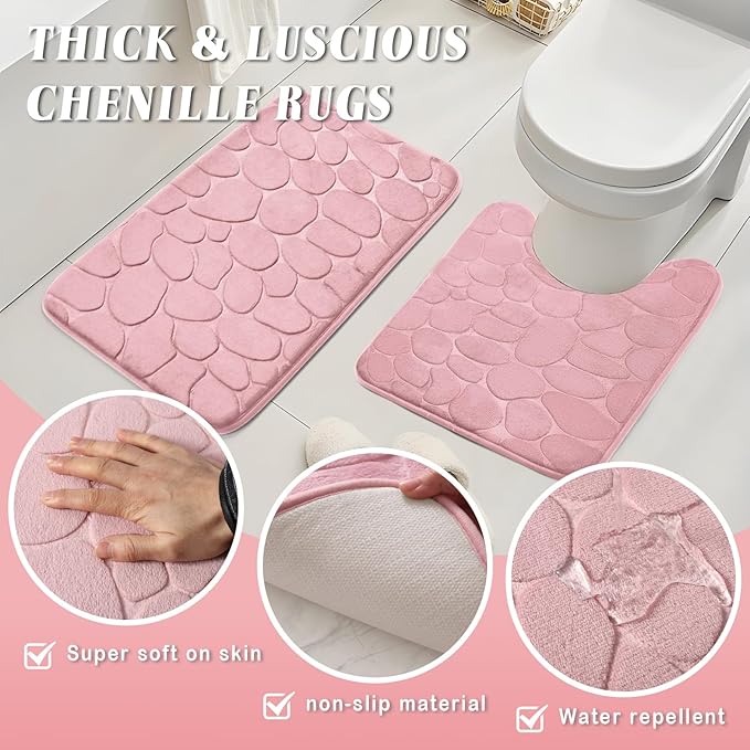 XLHOMO Bathroom Set with Shower Curtain and Rugs- 25PC Pink Bathroom Accessories, Shower Curtain Set, Toilet Brush, Trash Can, Qtip Holder & Soap Dispenser
