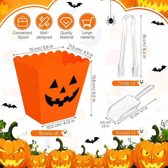 61 oz 6 Halloween Candy Bar Containers with 3 Tongs and 3 Scoops | Candy Bar Supplies, Reusable Plastic Spooky Pumpkin Serving Bowl, Candy Buffet Station Party Supplies, Dessert Snack Box