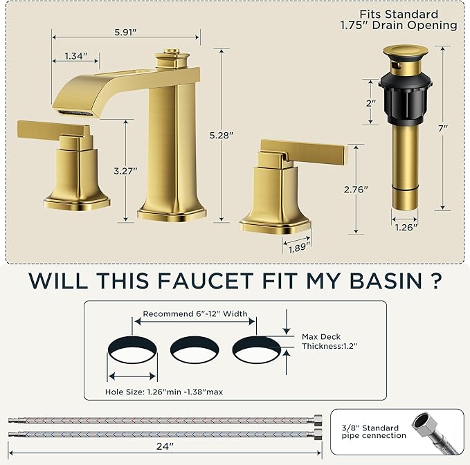 FORIOUS 3 Hole Gold Sink Bathroom Faucet for Vanity with Metal Pop Up Drain, 8 Inch Widespread Bathroom Faucets 2-Handle, Elegant Mordern Waterfall Design