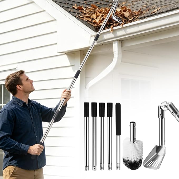 Gutter Cleaning Tools from The Ground, 6.4FT Gutter Scoop with Extension Pole & Gutter Cleaning Brush – Clean Gutters Safely, Easily Remove Leaves & Debris (Silvery)