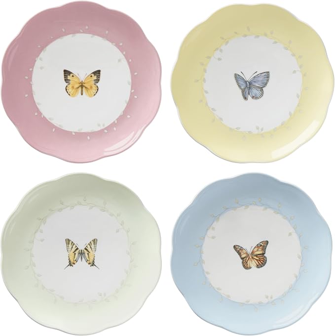 Lenox Butterfly Meadow Porcelain Dessert Plates, 8 Inch, Set of 4 | Dishwasher safe | floral design | kitchen and dining essential, gift for women, dinnerware, plates gift
