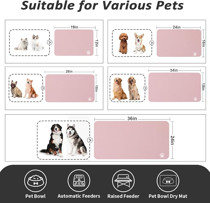HotLive Dog Food Mat - Absorbent Cat Mat for Food and Water, No Stains Pet Feeding Bowl Mat, Easy to Clean Pet Placemats, Quick Dry Dog Water Dispenser Mat for Messy Drinkers | Paw Pink 24"x36"