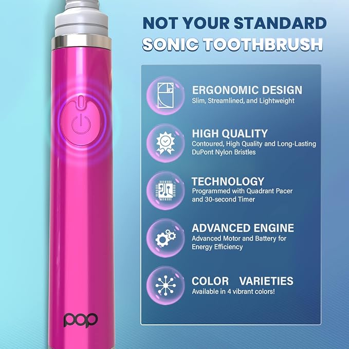 Pop Sonic Ultimate Pro Toothbrush (Pink) | Rechargeable Battery w/Up to 40,000 Brush Strokes/Minute -Long-Lasting Dupont Nylon Bristles - for Teens & Adults w/Quadrant Pacer & Timer