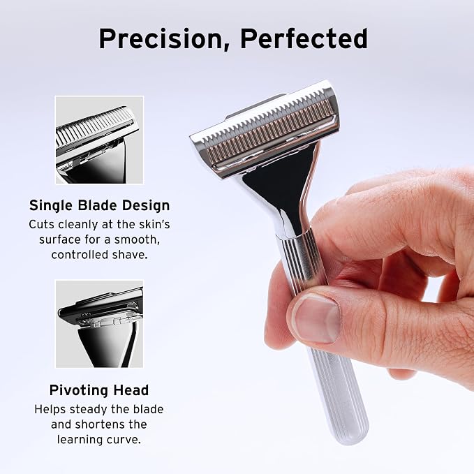 SUPPLY Single Edge Max Razor for Men – Premium Metal Single-Blade Safety Razor with Pivoting Head for Fewer Cuts and Irritation – Includes 8 Blades & Magnetic Reload System – Jet Black