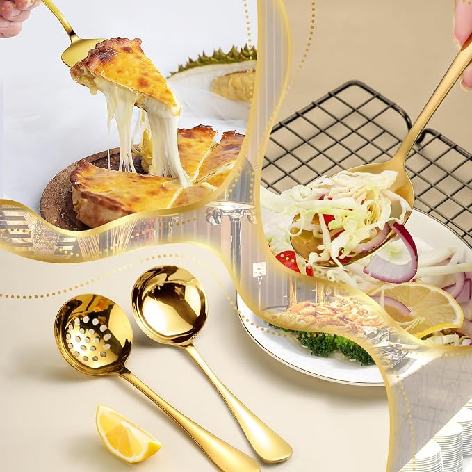 20 PCS Serving Utensil Set - Stainless Steel Complete Buffet Catering Utensils for Summer BBQ, Grilling, Picnic, Parties & Family Gatherings - Outdoor Serving Set (Gold)