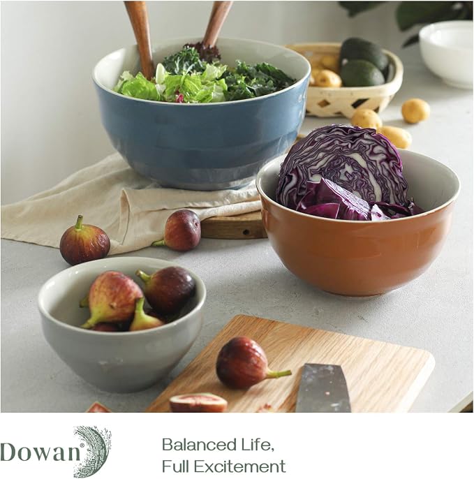 DOWAN Mixing Bowls Set of 3, 4.25/2/0.5 Qt Ceramic Mixing Bowls, Easy-Grip & Stability Design, Mixing Bowls for Kitchen, Nesting Bowls for Space Saving Storage, Versatile for Cooking, Baking, Prepping