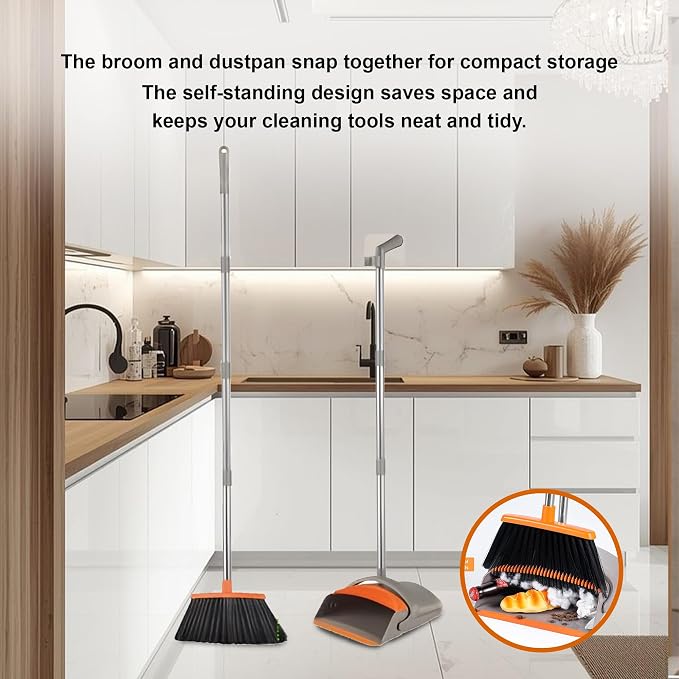 DUST PAN Adjustable Handle Length 90–125cm Broom and 80–110cm Dustpan – Durable PP+PET+Stainless Steel Build – Black & Green Color – Home, Office, Kitchen & Easy Floor Cleaning