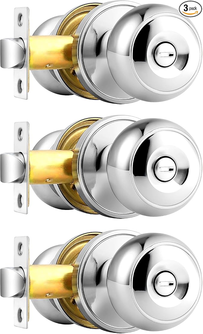 Probrico Polished Stainless Privacy Door Knobs, Interior Keyless Door Knobs for Bathroom/Bedroom, 3 Pack