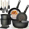 Astercook 21 Pcs Pots and Pans Set Non Stick, Ceramic Cookware Set Detachable Handle, RV Kitchen Cooking Set Removable Handles, Oven Safe, Induction Ready, Stackable, Black, Fathers Day Gift for Men