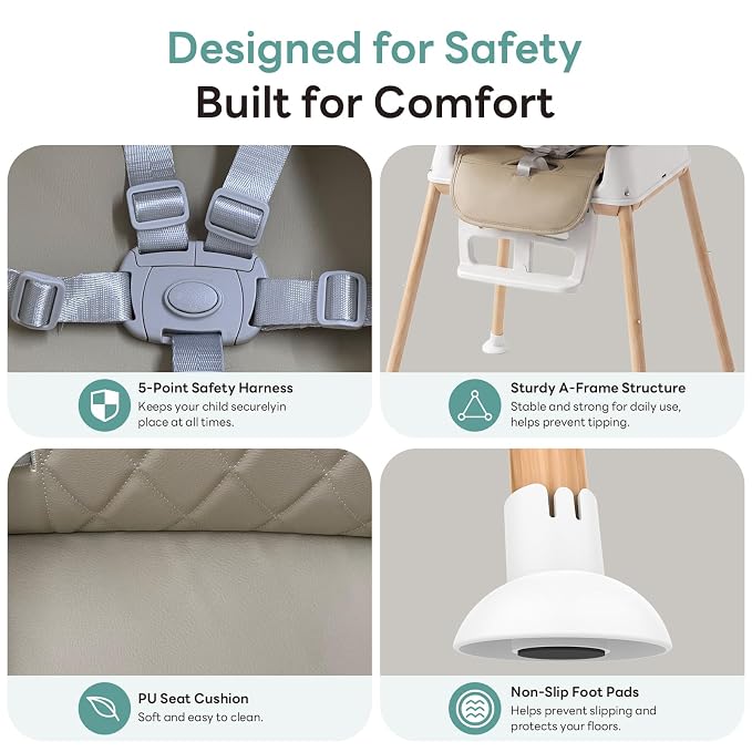 Baby High Chair for Babies and Toddlers, 3-in-1 Convertible Highchair with Built-in Leg Storage, Compact Pack-Away Design, Baby Eating Feeding Chair, Silla De Comer para Bebe, Beige