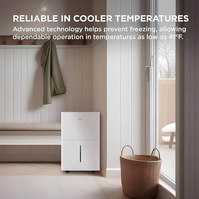 TCL 32-Pint Capacity Quiet, Energy Efficient Portable Dehumidifier, Precise Humidity Control, Bucket or Continuous Drain, Compact Humidity Absorber for Home, Attic, Garage & Rooms up to 3000 Sq Ft