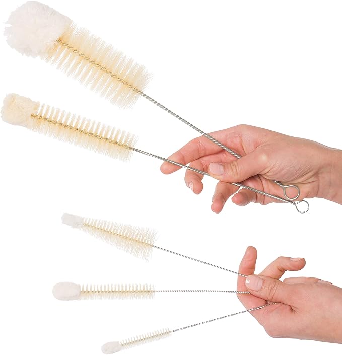 REDECKER Wool Tip Bottle Cleaning Brush Set with Pig Hair Bristles and Wire Handles, Set of 5, Various Sizes, Made in Germany - Bottle Cleaner Brush - Bottle Brush Soft Tip