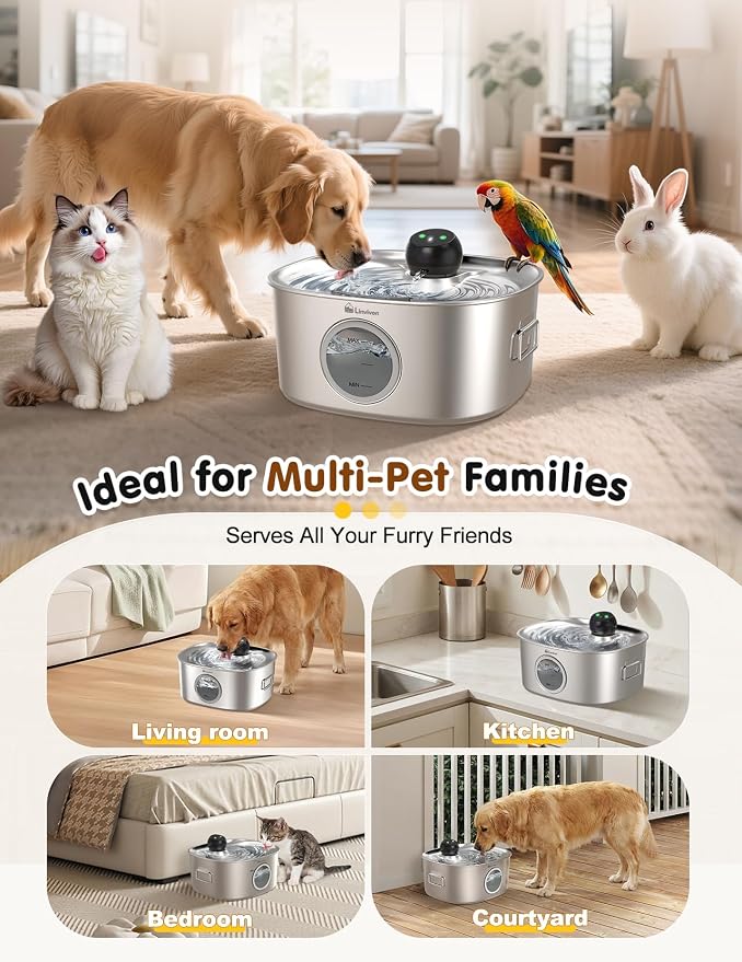 Stainless Steel Dog & Cat Water Fountain for Large Dogs and Cats | 10L /2.64Gal Cordless Dog Water Bowl Dispenser with 2.4G WiFi, Multi-filtered, Ideal for Multi-Pet Home