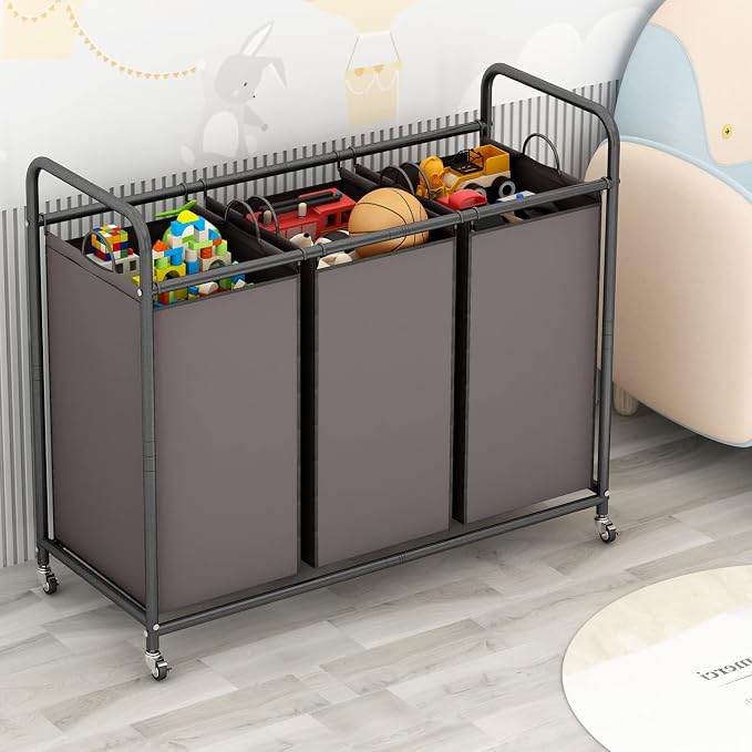 LINZINAR 3-Bag Laundry Sorter,Laundry Hamper Cart with Heavy Duty Rolling Lockable Wheels and Removable Bags (Brown) | Laundry Room Organization with Heavy Duty Rolling Lockable Wheels and Removable Bag, Bedroom Laundry Cart for Clothes Storage
