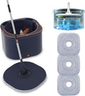 Flat Floor Mop and Bucket System Set with Wringer, Spin Mop and Bucket Separate Clean and Dirty Water with Self Separation for Hardwood, Laminate, Tile, Floor Cleaning, Wet and Dry Use, Navy Blue