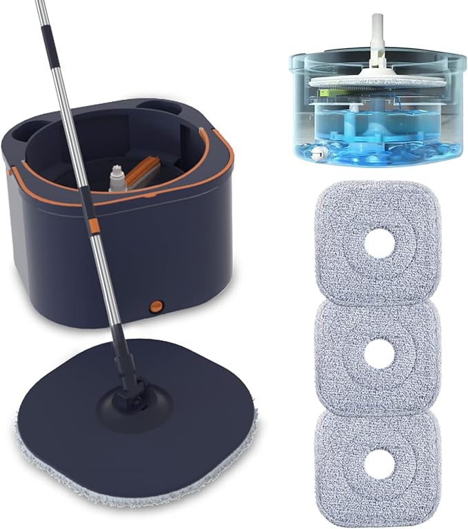 Flat Floor Mop and Bucket System Set with Wringer, Spin Mop and Bucket Separate Clean and Dirty Water with Self Separation for Hardwood, Laminate, Tile, Floor Cleaning, Wet and Dry Use, Navy Blue