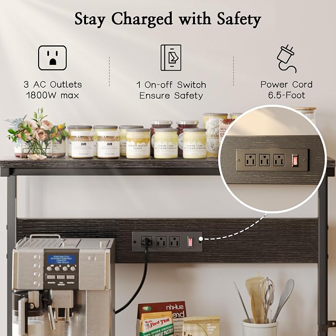 SUPERJARE Bakers Rack with Power Outlets, Microwave Stand, 39.4 X 14.3 Inch Larger Desktop, Kitchen Storage Rack with Adjustable Middle Shelf, 6 S-Shaped Hooks, Coffee Bar Stand, Black