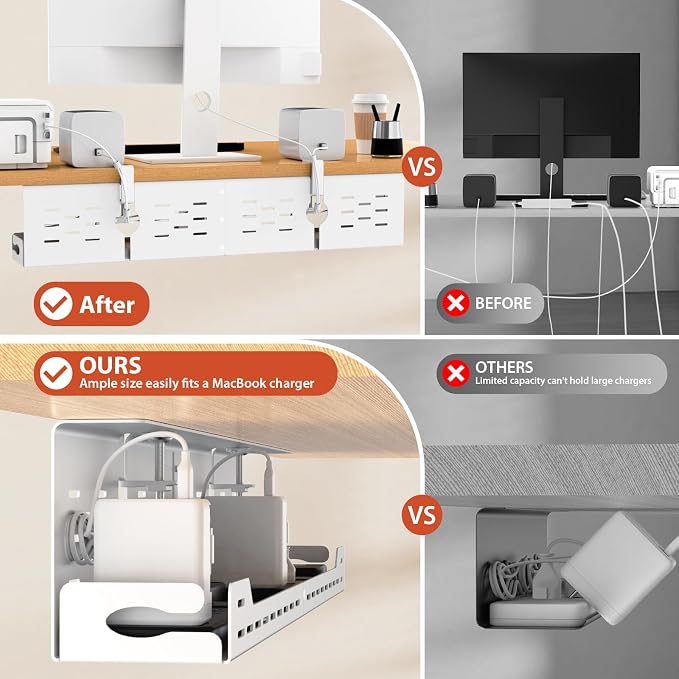 Univivi Under Desk Cable Management Tray - 32" Steel Cord Organizer, No-Drill C-Clamp & Screw Mount for Office/Home, Effortless Wire Management (White)