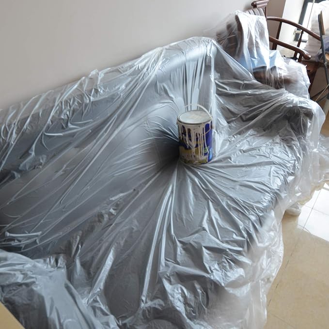 20 Piece Painter Plastic Drop Cloths, Waterproof Anti-dust Furniture Cover, 9x12 Feet Disposable Tarp for Painting and Couch Cover