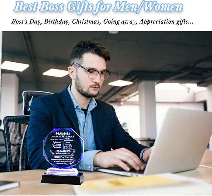 Movdyka Boss Gifts for Men Women Crystal Keepsakes with LED Base - Best Boss Day, Birthday, Christmas, Going Away, Thank You, Female Appreciation, Retirement, Office Decor