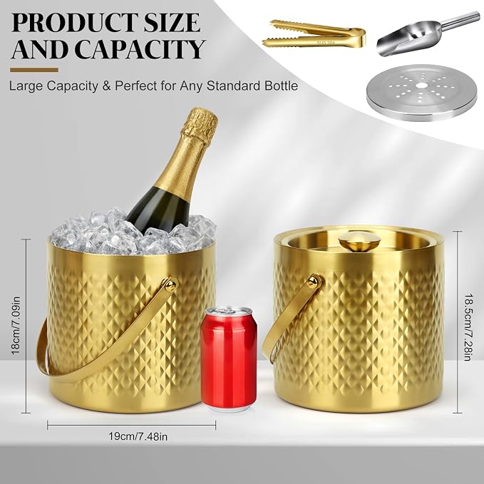 3L Vacuum Insulated Ice Bucket, 304 Stainless Steel Champagne Bucket with Lid, Silicone Seal, Handle, Ice Tongs Scoop Strainer, 2-3H Cold Retention for Bar Party Home Wedding Gifts