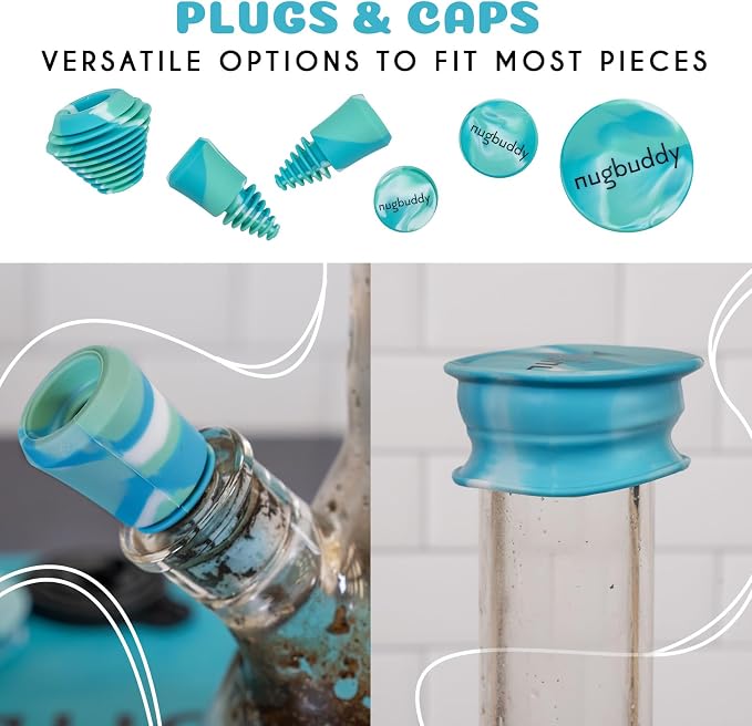 nugbuddy Glass Cleaning Kit - Reusable Silicone Accessories - Complete Kit to Clean your Piece, Just Add Cleaner - Reusable Soaker Bag, Brushes, Mat, Caps & Plugs, Funnel, & Microfiber Towel