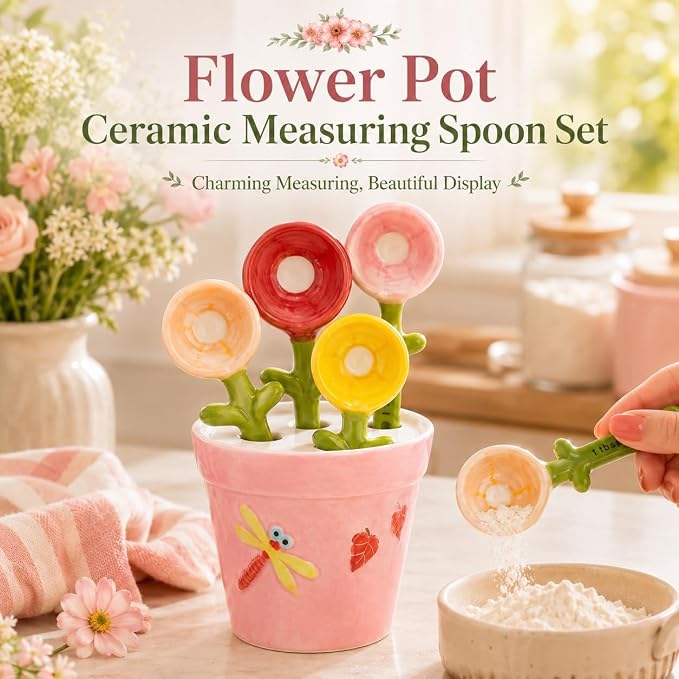 Flower Pot Ceramic Measuring Spoon Set, 5PCS Cute Spoons Cups with Base, Polygons Pink Decorative Teaspoon in Pot Holder, Unique Baking Supplies Gifts, Kitchen Cooking Stuff Gadgets Women(1*Blue)